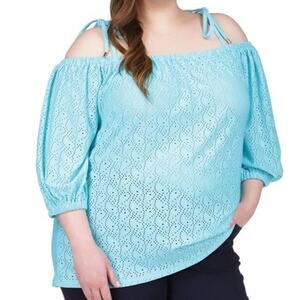 Michael Michael Kors Off-The-Shoulder Eyelet Top, Turquoise Sz L